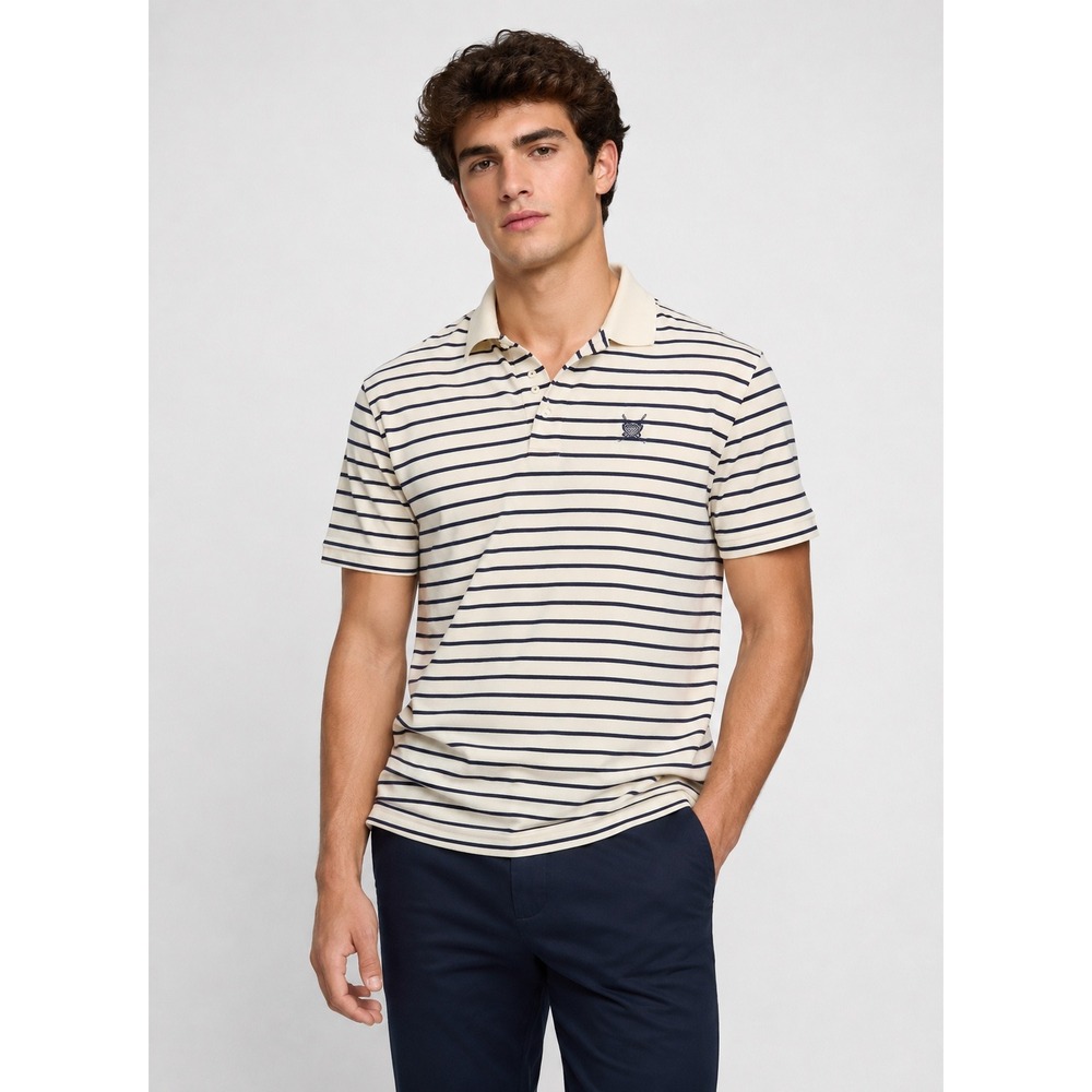 Polo‎ Golf Ralph Lauren Mens Large Striped Cotton Polo Shirt Cream Navy Blue L
